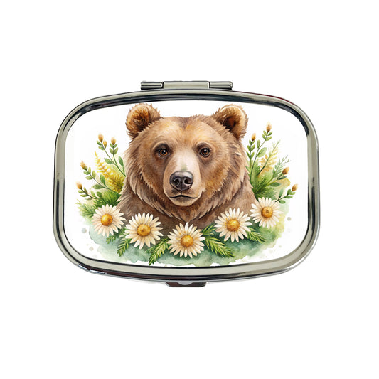 Brown Bear Watercolor Design With Daisies Travel Pill Box Case