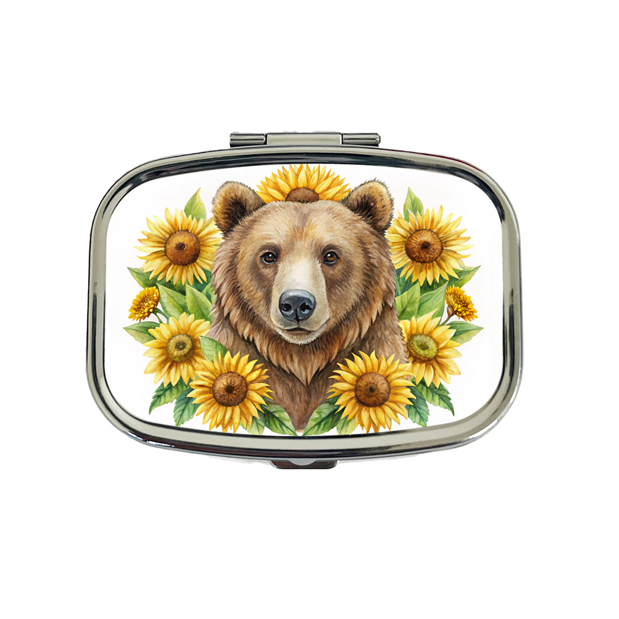 Brown Bear Watercolor Design With Sunflowers Travel Pill Box Case