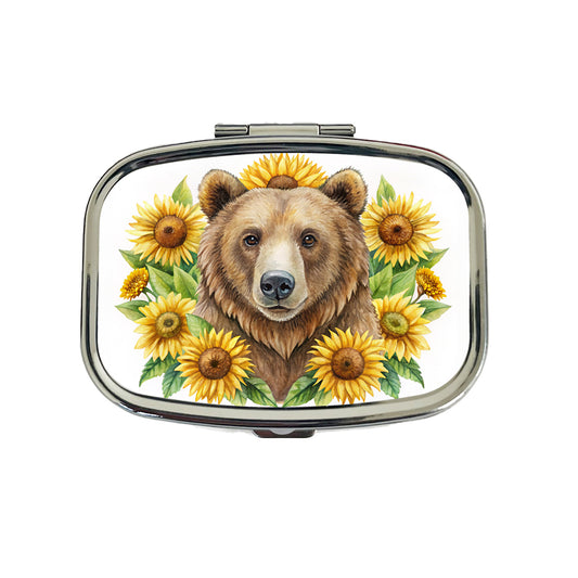 Brown Bear Watercolor Design With Sunflowers Travel Pill Box Case