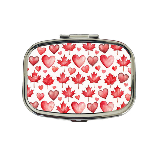 Canada Flags Maple Leaf Hearts Watercolor Travel Pill Box Case