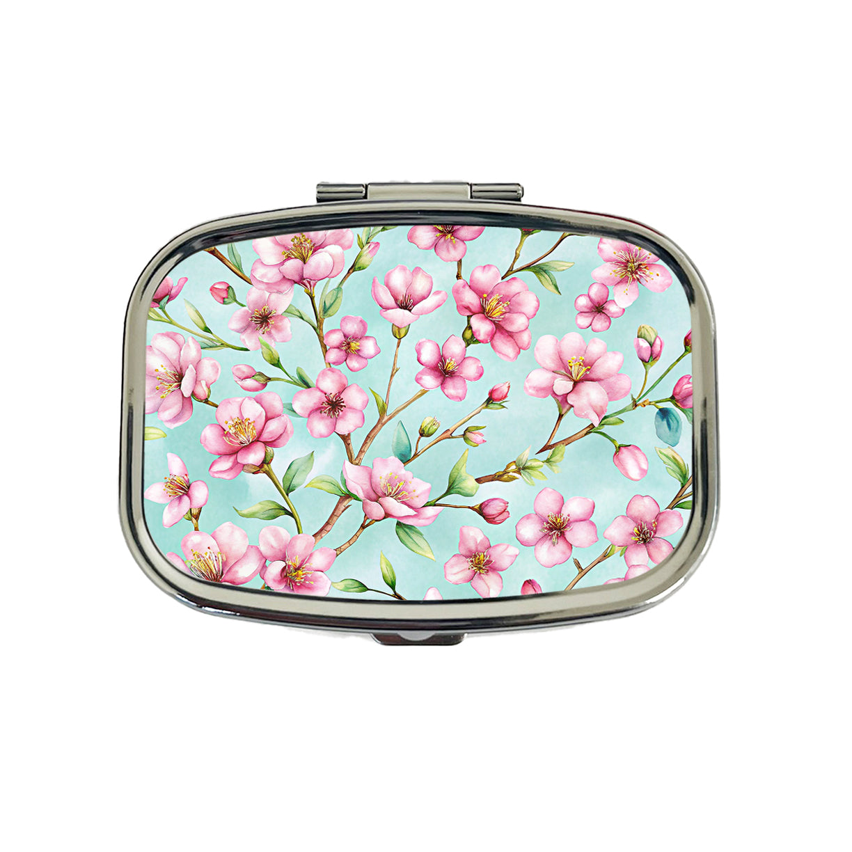 Cherry Blossom Flowers Light Blue Travel Pill Box Case