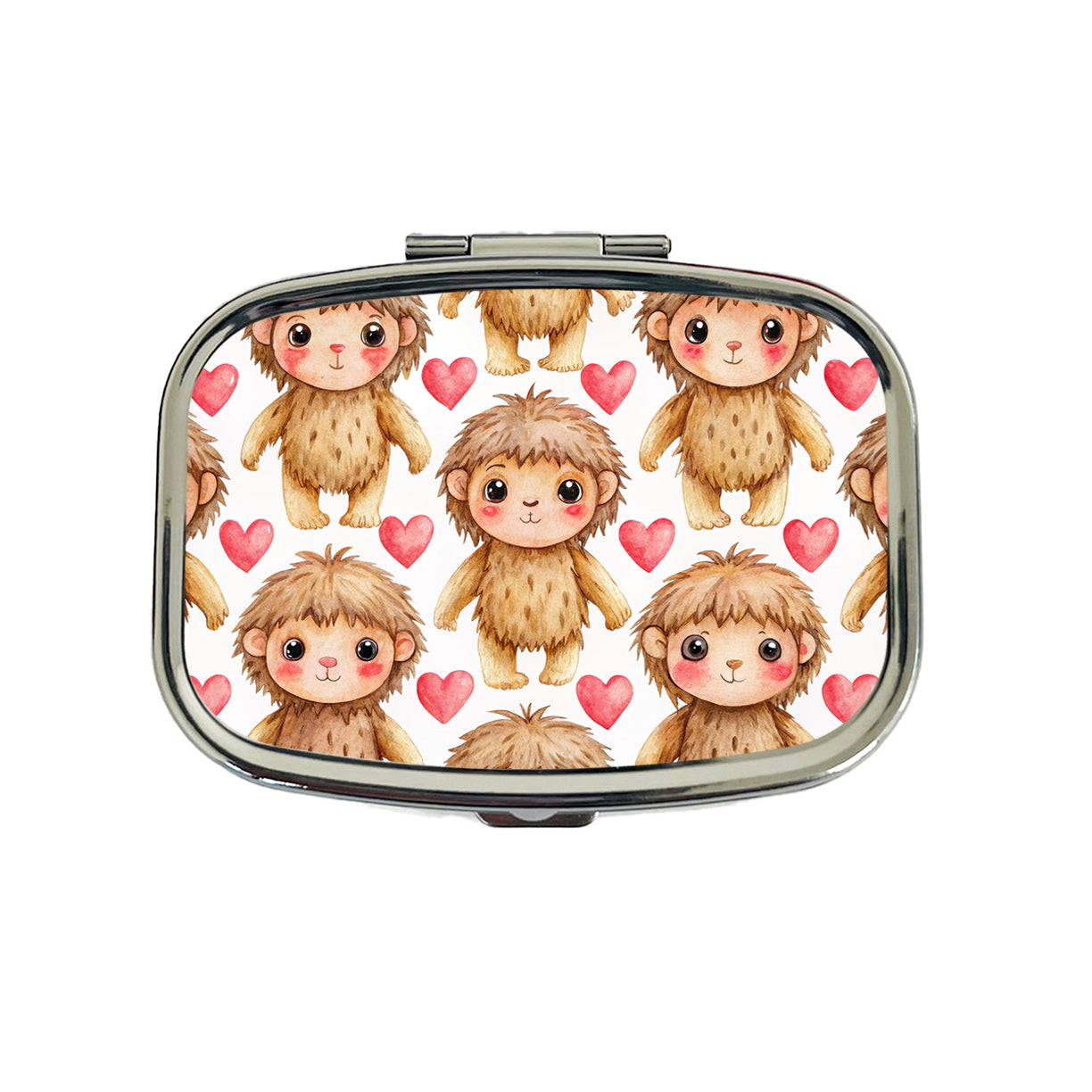 Chibi Sasquatch Big Foot Hearts Watercolor Travel Pill Box Case