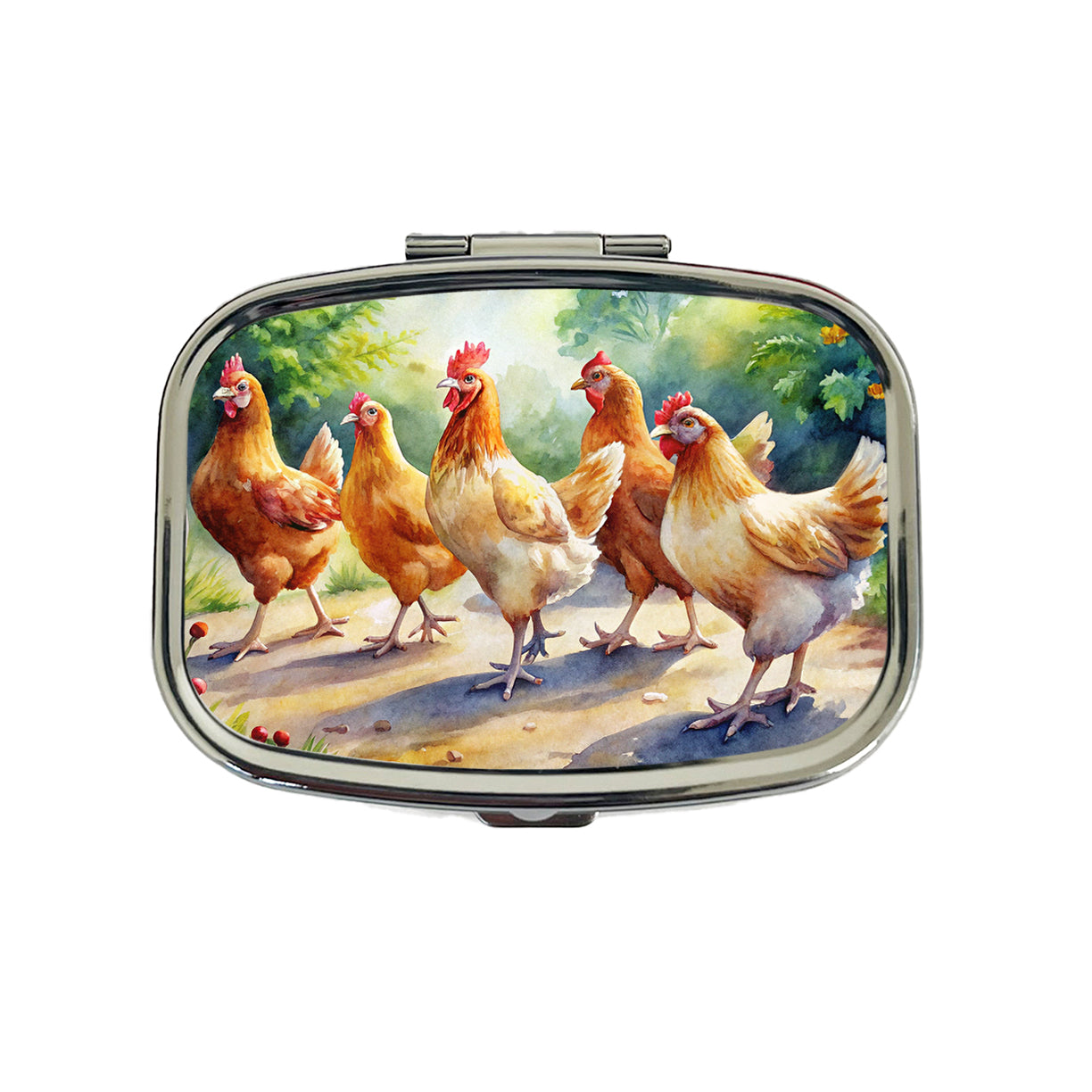 Chickens Walking Around Watercolor Travel Pill Box Case