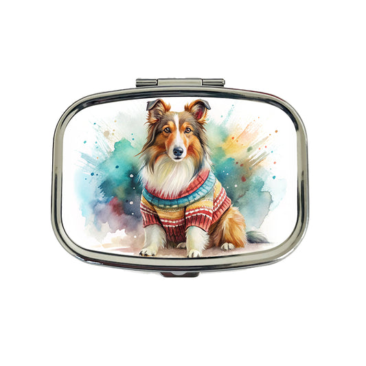 Collie Dog Wearing A Sweater Watercolor Travel Pill Box Case