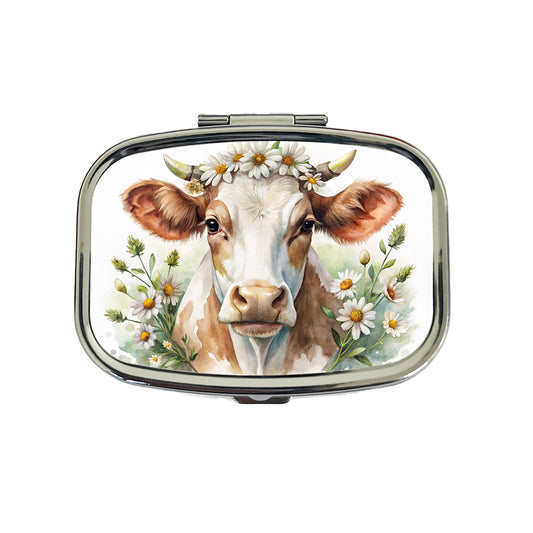 Cow Watercolor With Daisies Travel Pill Box Case