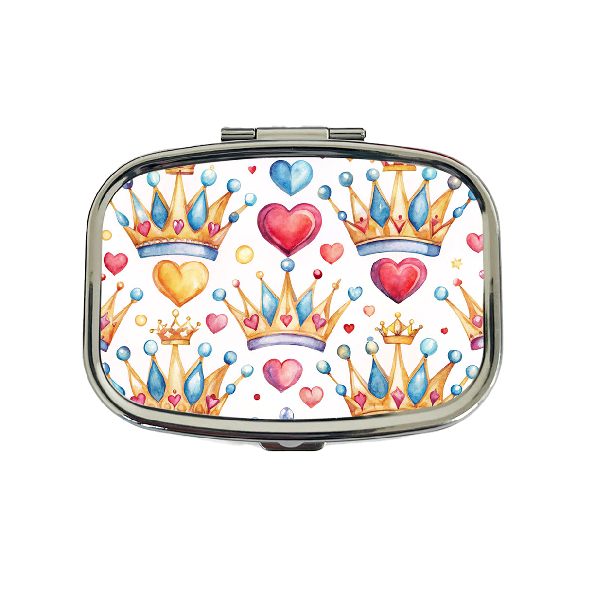 Crowns Royalty Tiaras Hearts Watercolor Travel Pill Box Case