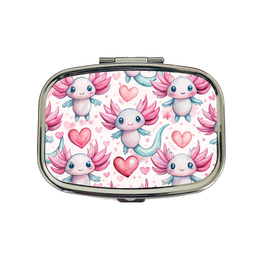 Cute Axolotls Hearts Watercolor Travel Pill Box Case