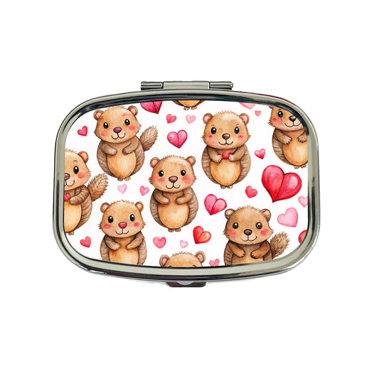 Cute Beavers Hearts Watercolor Travel Pill Box Case