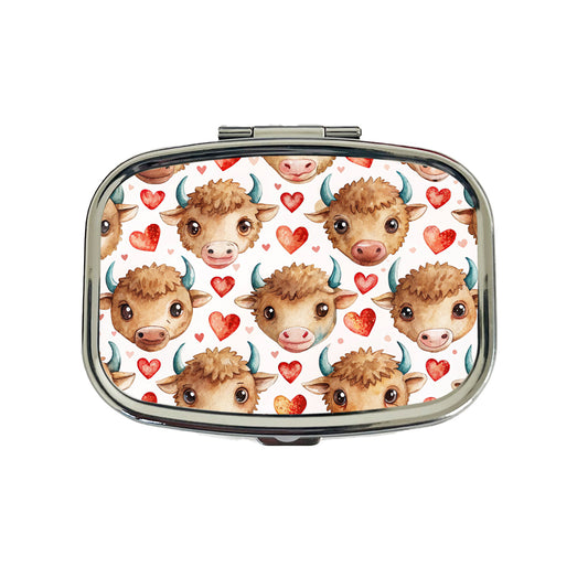 Cute Bison Faces Hearts Watercolor Travel Pill Box Case