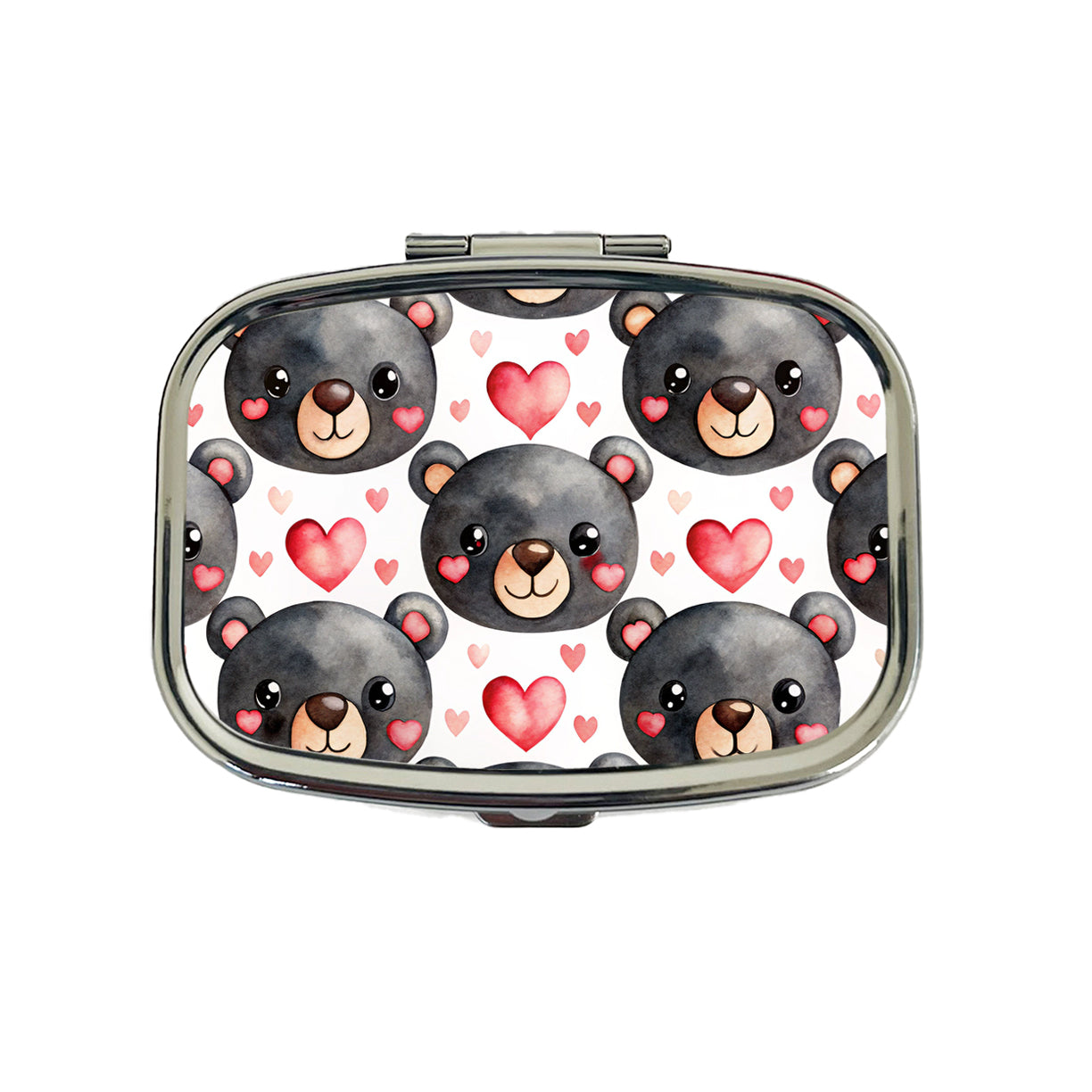 Cute Black Bear Faces Hearts Travel Pill Box Case