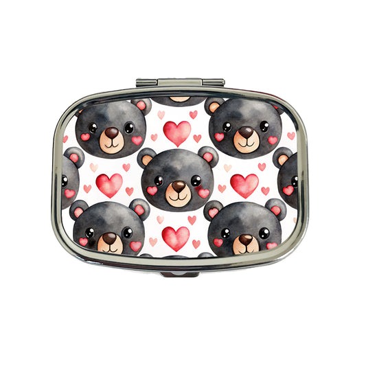 Cute Black Bear Faces Hearts Travel Pill Box Case