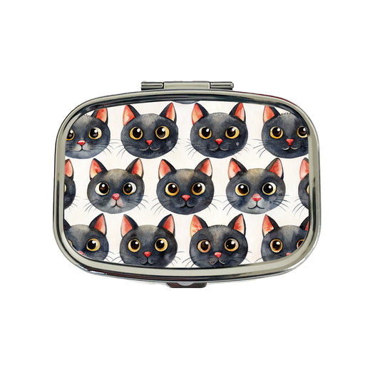 Cute Black Cat Faces Watercolor Travel Pill Box Case