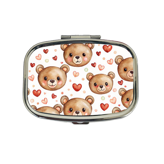 Cute Brown Bear Faces Hearts Travel Pill Box Case