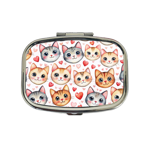 Cute Cat Faces Hearts Watercolor Travel Pill Box Case
