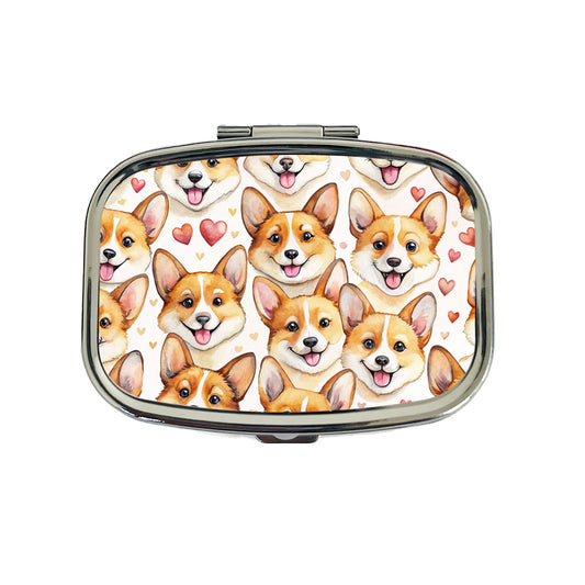 Cute Corgi Dog Faces Hearts Travel Pill Box Case