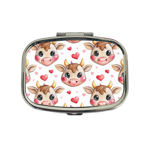 Cute Cow Faces Hearts Watercolor Travel Pill Box Case