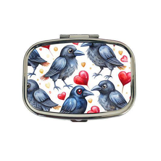 Cute Crows Hearts Watercolor Travel Pill Box Case
