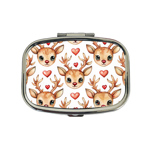 Cute Deer Faces Hearts Watercolor Travel Pill Box Case
