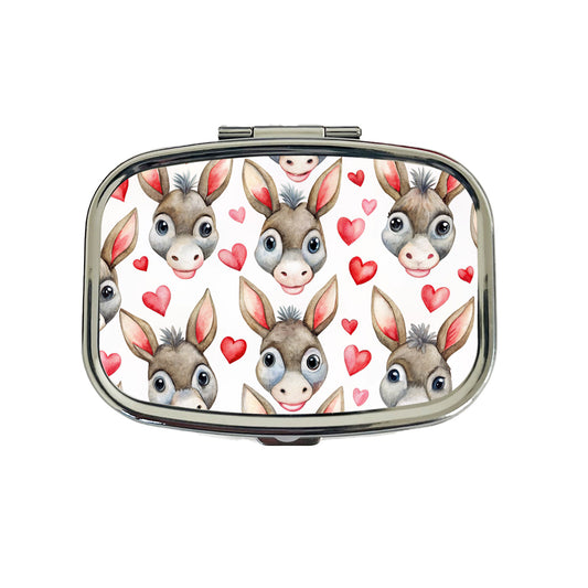 Cute Donkey Faces Hearts Watercolor Travel Pill Box Case