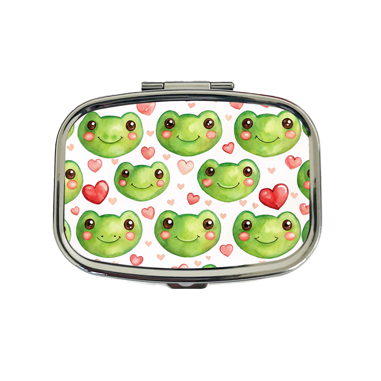 Cute Frog Faces Hearts Watercolor Travel Pill Box Case