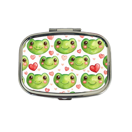 Cute Frog Faces Hearts Watercolor Travel Pill Box Case