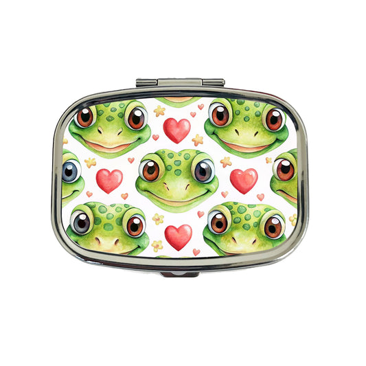 Cute Gecko Faces Hearts Watercolor Travel Pill Box Case