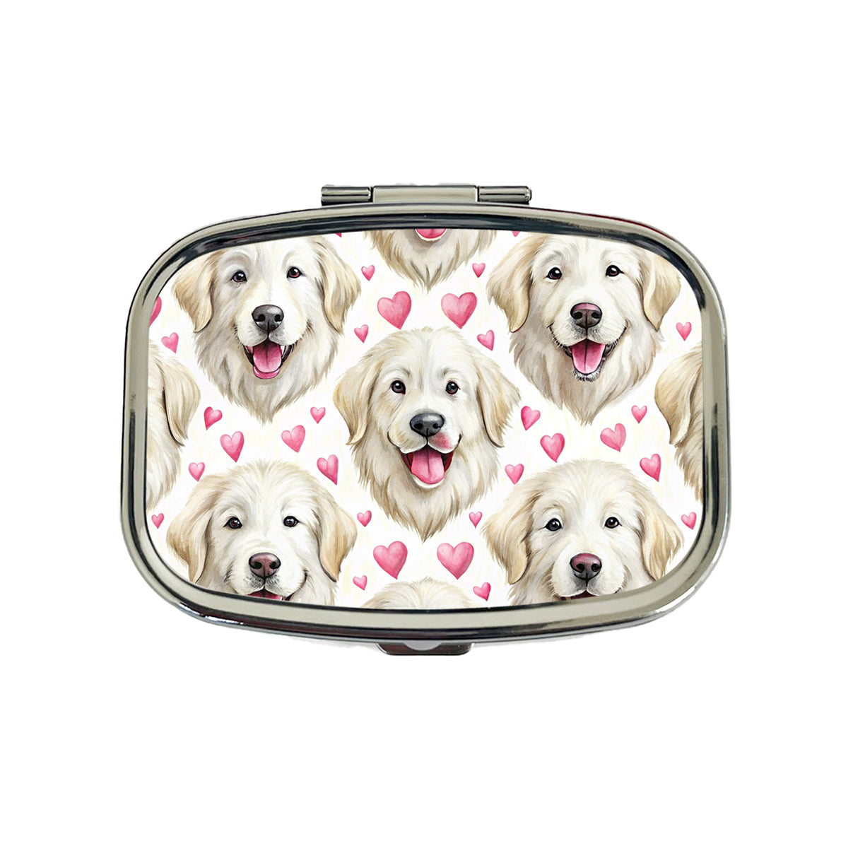 Cute Great Pyrenees Dog Faces Hearts Travel Pill Box Case