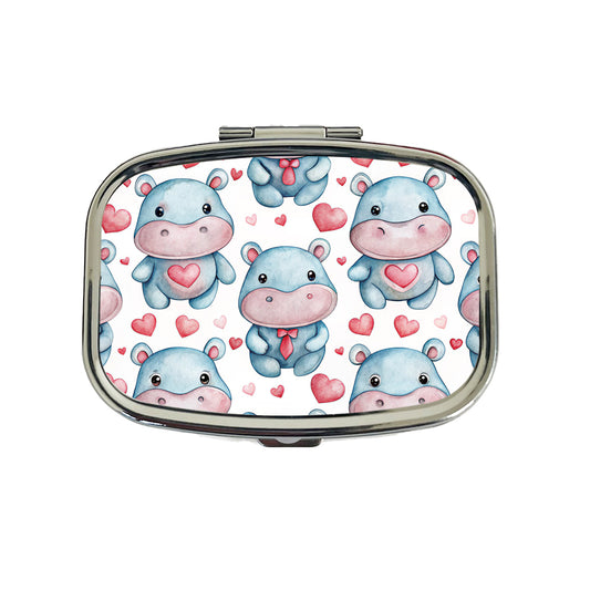 Cute Hippopotamus Hearts Watercolor Travel Pill Box Case