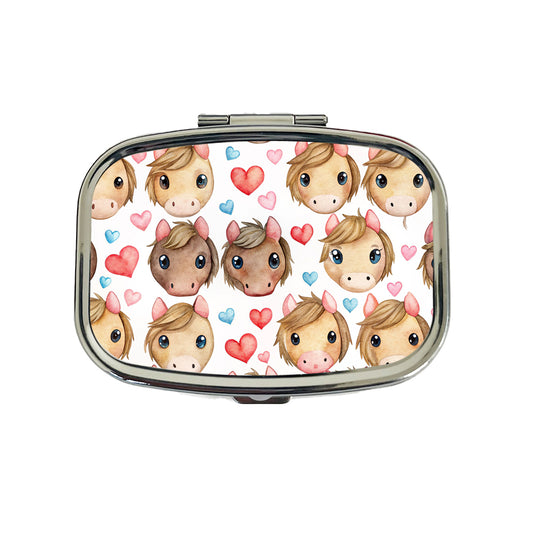 Cute Horse Faces Hearts Watercolor Travel Pill Box Case