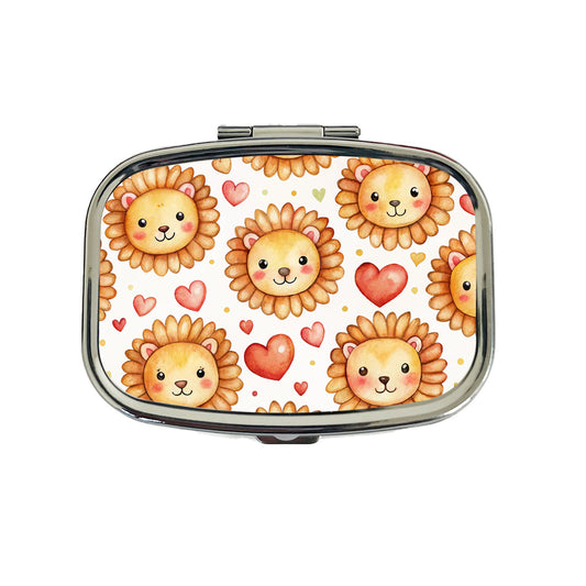 Cute Lion Faces Hearts Watercolor Travel Pill Box Case