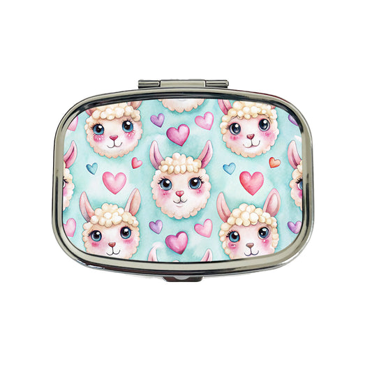 Cute Llama Faces Hearts Watercolor Travel Pill Box Case