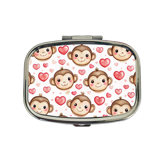 Cute Monkey Faces Hearts Watercolor Travel Pill Box Case