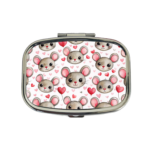 Cute Mouse Faces Hearts Watercolor Travel Pill Box Case