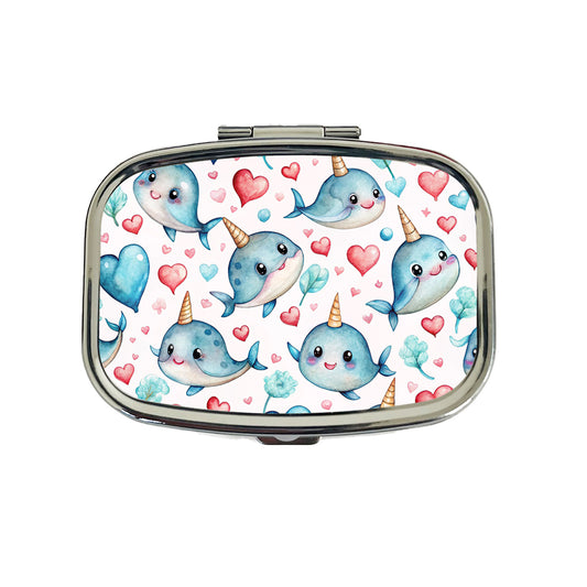 Cute Narwhals Hearts Watercolor Travel Pill Box Case