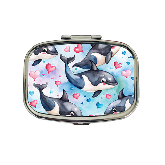 Cute Orcas Whales Hearts Watercolor Travel Pill Box Case