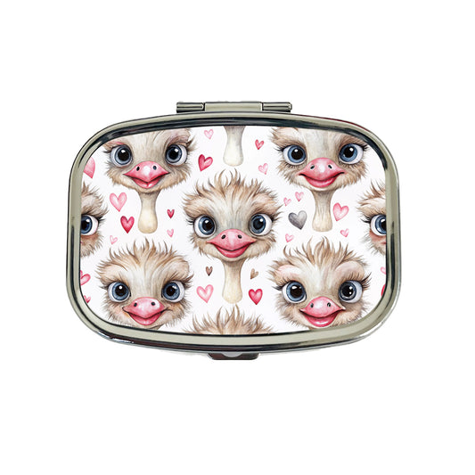 Cute Ostriches Faces Hearts Travel Pill Box Case