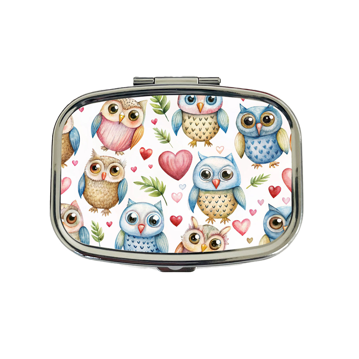 Cute Owls Hearts Watercolor Travel Pill Box Case