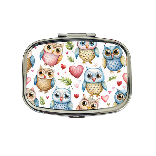 Cute Owls Hearts Watercolor Travel Pill Box Case