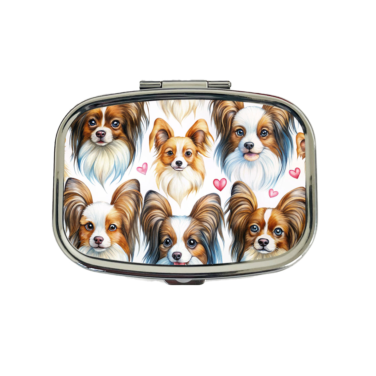 Cute Papillion Dog Faces Hearts Travel Pill Box Case