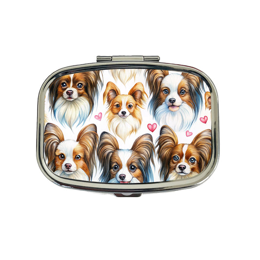 Cute Papillion Dog Faces Hearts Travel Pill Box Case