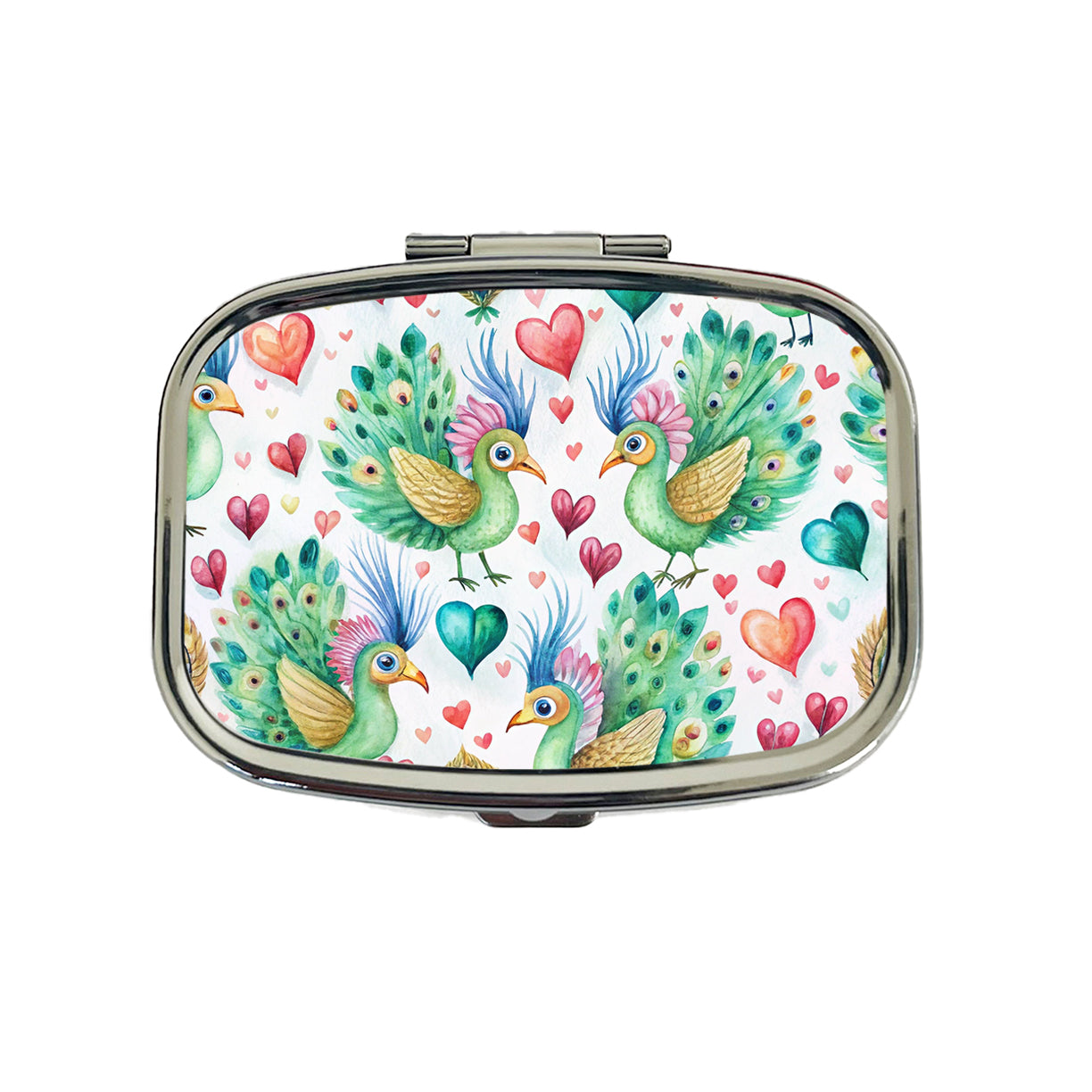 Cute Peacocks Hearts Watercolor Travel Pill Box Case