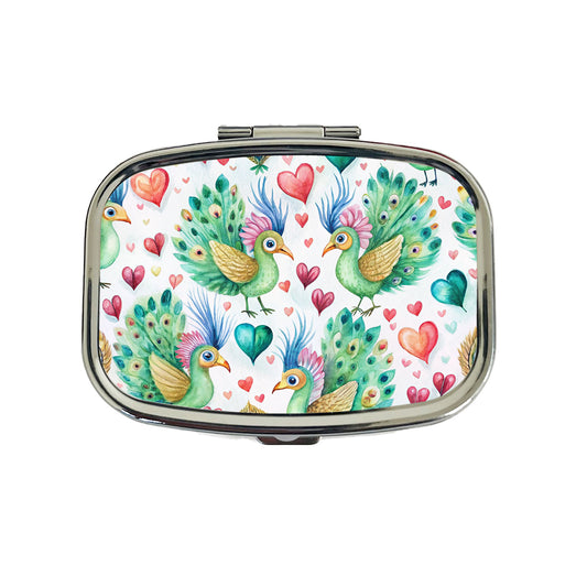 Cute Peacocks Hearts Watercolor Travel Pill Box Case