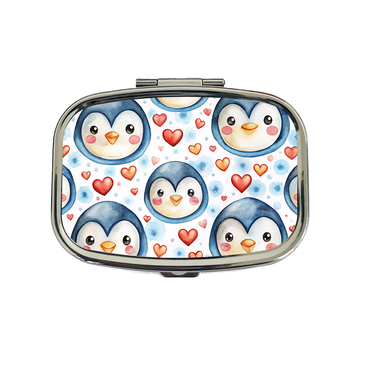 Cute Penguin Faces Hearts Watercolor Travel Pill Box Case