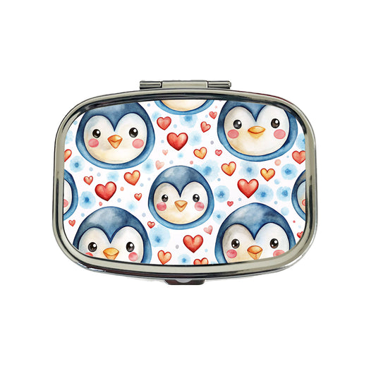 Cute Penguin Faces Hearts Watercolor Travel Pill Box Case