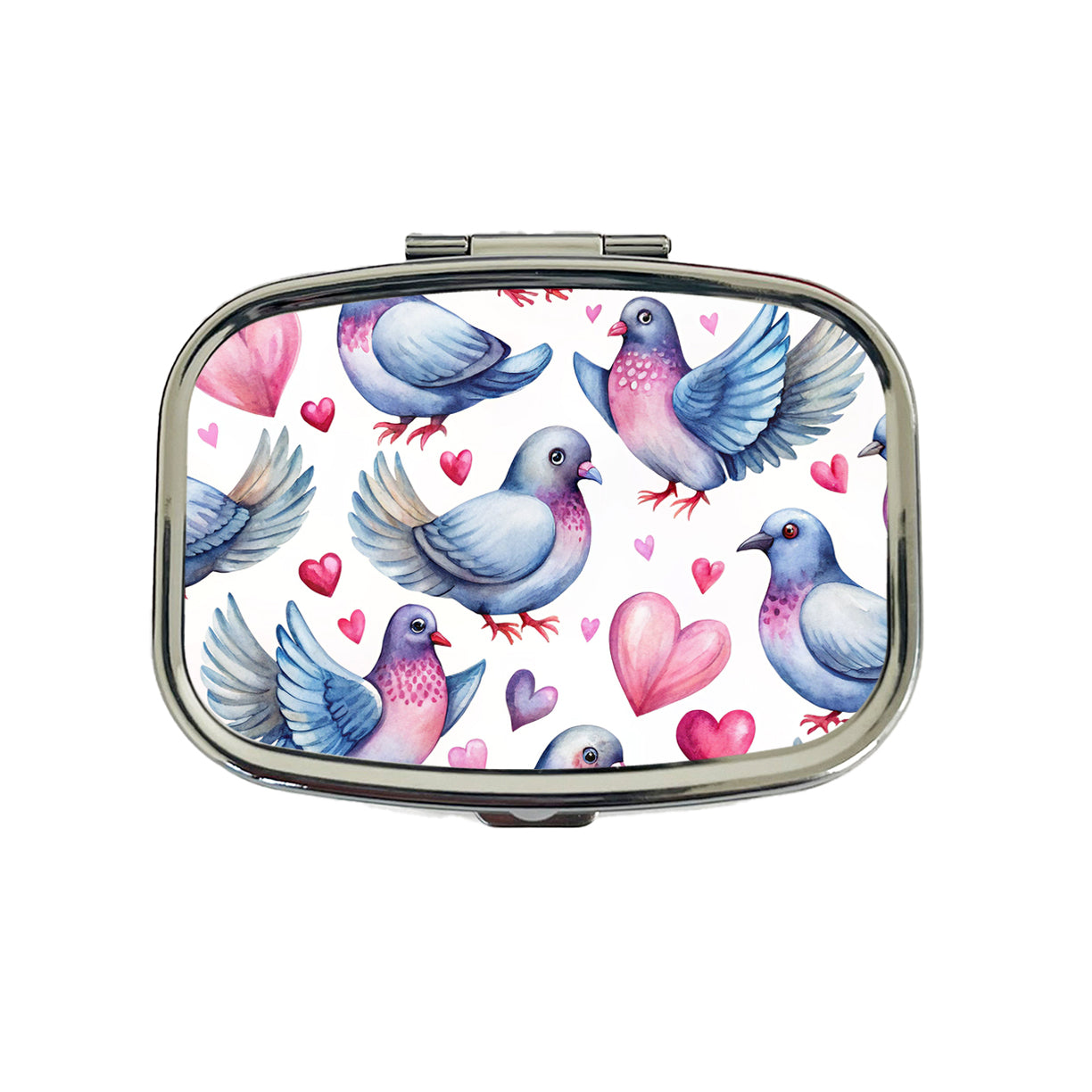 Cute Pigeons Hearts Watercolor Travel Pill Box Case