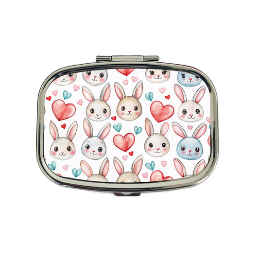 Cute Rabbit Bunny Faces Hearts Easter Travel Pill Box Case