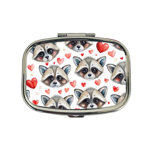Cute Raccoon Faces Hearts Travel Pill Box Case
