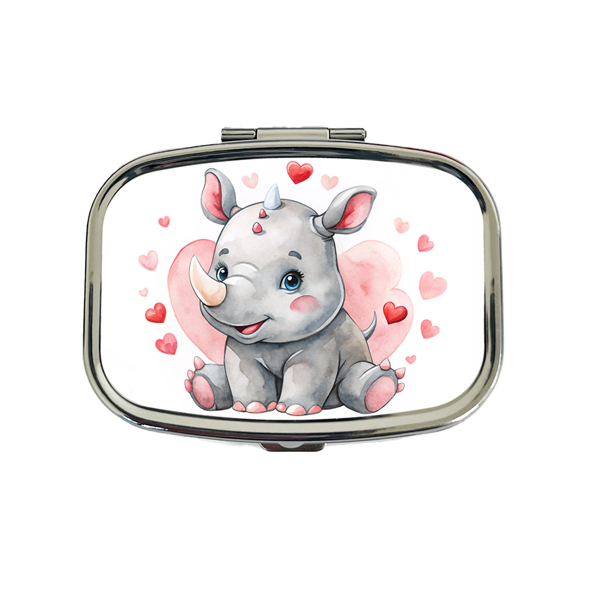 Cute Rhinoceros Hearts Watercolor Travel Pill Box Case