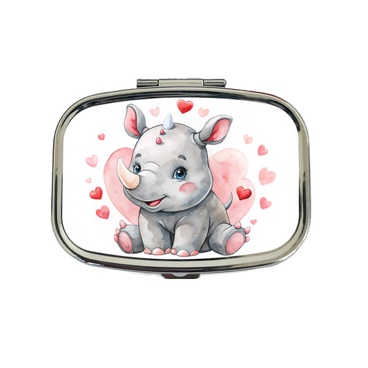 Cute Rhinoceros Hearts Watercolor Travel Pill Box Case