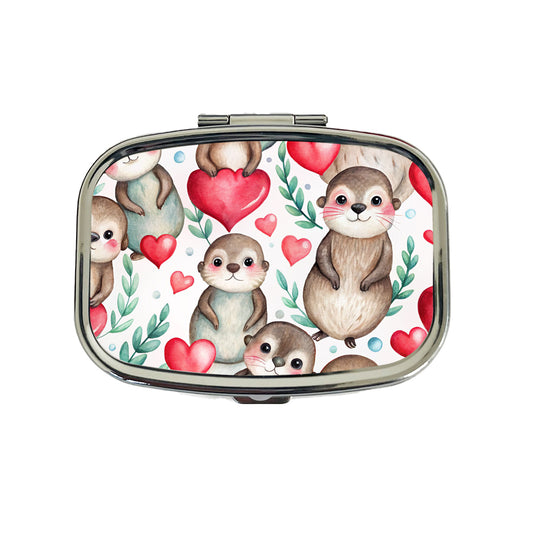 Cute River Otter Hearts Watercolor Travel Pill Box Case